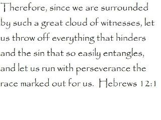 Therefore, since we are surrounded by such a great cloud of witnesses, let us throw off everything that hinders and the sin that so easily entangles, and let us run with perseverance the race marked out for us. Hebrews 12:1   Wall and home scripture, lette