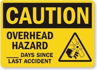 Caution: Overhead Hazard, ___ Days Since Last Accident (With Graphic), Aluminum Sign, 10" x 7" : Yard Signs : Patio, Lawn & Garden