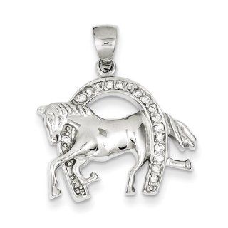 Sterling Silver Horse & Horseshoe CZ Pendant: Jewelry