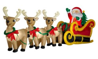 Gemmy Airblown Santa In Sleigh with Three Reindeer Inflatable   Outdoor Light Displays