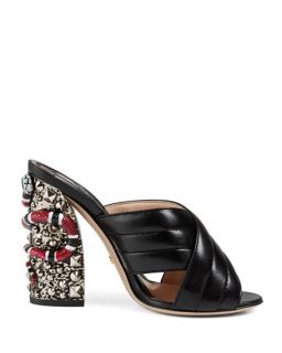 Gucci Webby Quilted Leather Snake Heel Mule Sandal, Nero