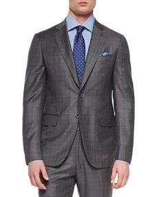 Isaia Super 150s Plaid Suit, Gray/Blue