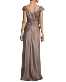 La Femme Embellished Faille Cap Sleeve Gown, Cocoa
