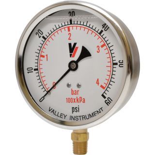 Valley Instrument Grade A 4in. Stem Mount Glycerin Filled Gauge — 0-60 PSI  Hydraulic Gauges