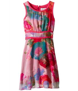 Us Angels Floral Chiffon Sleeveless Dress w/ Double Stripe Waist & Full Skirt (Big Kids) Multi