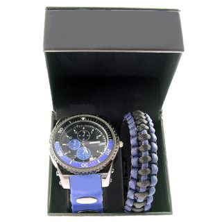 Mens Sporty Black and Navy Silicone Watch and Paracord Bracelet Gift