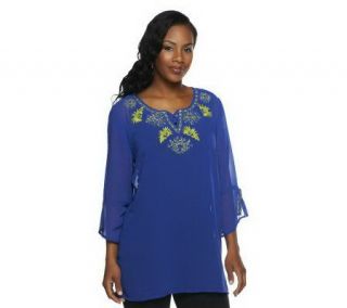 Susan Graver Solid Chiffon Tunic w/ Split Bell Sleeves and Embroidery —
