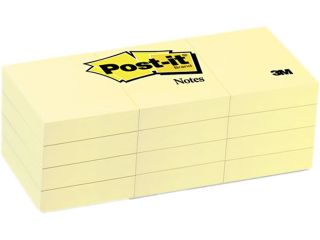 Post it Notes 653 YW Original Notes, 1 1/2 x 2, Canary Yellow, 12 100 Sheet Pads/Pack