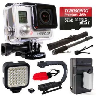 GoPro HERO3+ Hero 3+ Silver Plus Edition Camera Camcorder with 32GB MicroSD Card + Battery + Car Charger + Action Video Stabilizer + Self Selfie Stick Monopod Handle + LED Video Light (CHDHN 302)