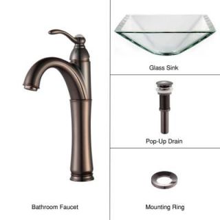 KRAUS Vessel Sink in Clear Glass Aquamarine with Single Hole 1 Handle High Arc Riviera Faucet in Oil Rubbed Bronze C GVS 901 19mm 1005ORB