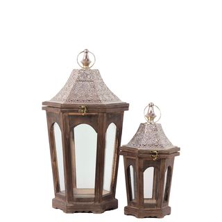 Brown Antique Filigree top Wooden Lanterns (Set of 2)