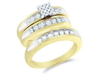 10K Two Tone Gold Diamond His & Hers Trio 3 Ring Set   Square Princess Shape Center Setting w/ Pave Channel Set Round Diamonds   (3/4 cttw, G H, SI2)   SEE "OVERVIEW" TO CHOOSE BOTH SIZES
