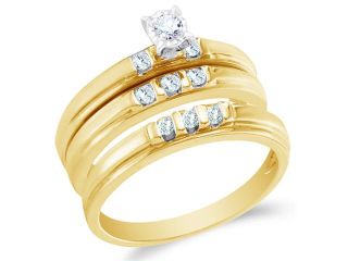 10K Yellow Gold Diamond Trio 3 Ring His & Hers Set   Classic Solitaire Setting w/ Channel Set Round Diamonds   (1/4 cttw, G H, SI2)   SEE "OVERVIEW" TO CHOOSE BOTH SIZES