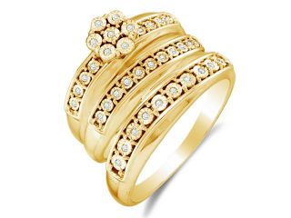 10K Yellow Gold Diamond Trio 3 Ring His & Hers Set   Flower Shape Center Setting w/ Pave Set Round Diamonds   (1/8 cttw, G H, SI2)   SEE "OVERVIEW" TO CHOOSE BOTH SIZES