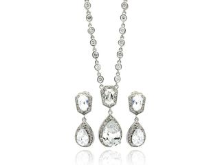 Cubic Zirconia CZ Ladies Brass Rhodium Teardrop Necklaces Pendant Earrings Jewelry Adjustable 16 18" 567 bbs00014