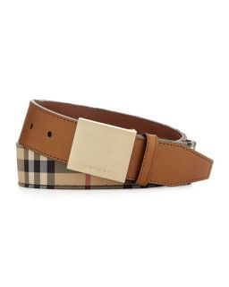 Burberry Horseferry Check Mens Belt with Plaque Buckle, Tan
