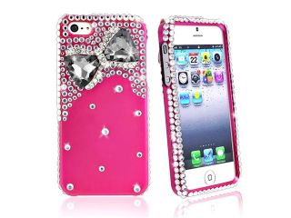 Insten Diamonds with 3D Hot Pink Bow Tie Snap on Case Cover + Mirror Screen Protector compatible with Apple iPhone 5