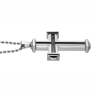 This stainless steel cross pendant with black ion plating accent makes