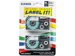 Casio XR18X2S Tape Cassettes for KL Label Makers, 18mm x 26ft, Black on Clear, 2/Pack