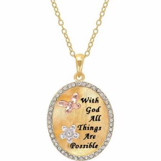 Sterling Silver and 18K Gold Plate Crystal Border "With God All Things Are Possible" Oval Pendant, 18"