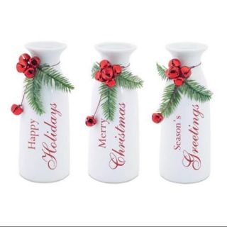 Pack of 6 White Milk Bottles with Pine Accents and Bells Christmas Decorations 9"