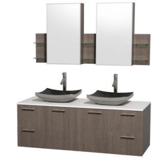 Wyndham Collection Amare 60 in. Double Vanity in Grey Oak with Man Made Stone Vanity Top in White and Black Granite Sinks WCR410060GOWHGS1MCDB