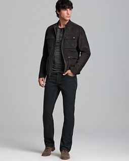 John Varvatos USA Leather Cargo Pocket Jacket, Marled Knit Henley & Bowery Slim Fit Cords in Juniper