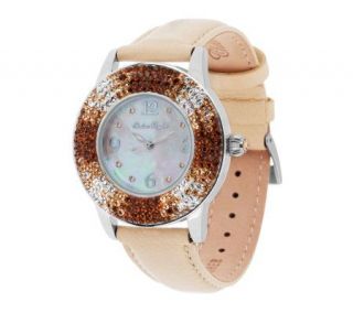 Chelsea Taylor Crystal Round Mother of Pearl Dial Leather Strap Watch —