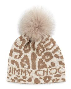 Jimmy Choo Woven Knit Cap w/ Fur Pom Pom