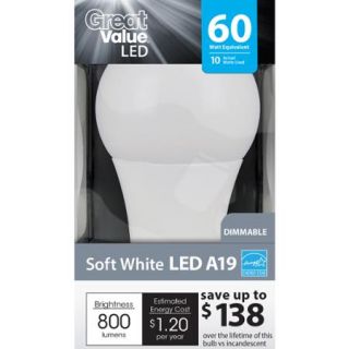Great Value LED Light Bulb 10W (60W Equivalent) Omni (E26) Dimmable, Soft White