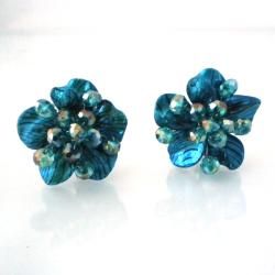 Blue Zebra Painted Mother of Pearl Floral Clip On Earrings (Thailand