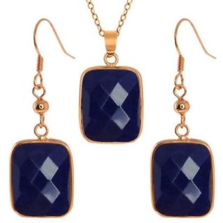 Jadelite Faceted Blue Color Oblong Pendant and Earrings Set With 18" Chain