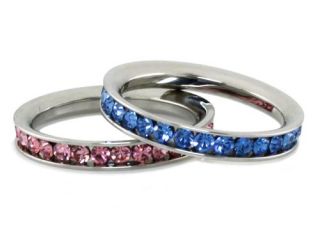 Stainless Steel Eternity 3mm Blue Sapphire & Rosaline Color Crystal Rings (2 pieces)