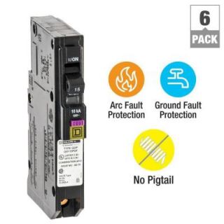 Square D QO 15 Amp Single Pole Plug On Neutral Dual Function (CAFCI and GFCI) Circuit Breaker (6 Pack) QO115PDFC6
