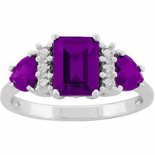 Amethyst Sterling Silver Side Trillions and Emerald Cut Center Three Stone Ring