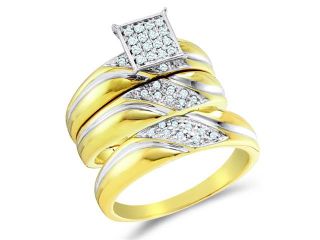 10K Two Tone Gold Diamond Trio 3 Ring His & Hers Set   Square Princess Shape Center Setting w/ Micro Pave Set Round Diamonds   (.29 cttw, G H, SI2)   SEE "OVERVIEW" TO CHOOSE BOTH SIZES