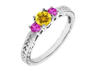 0.62 Ct Round Yellow Sapphire Pink Sapphire 18K White Gold 3 Stone Ring