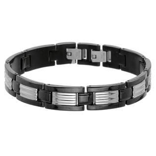 Link Bracelet with Ribbed Accent in Black Ion Plated Stainless Steel