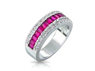 Bling Jewelry 925 Sterling Silver Simulated Ruby CZ Baguette Three Row Channel Set Ring