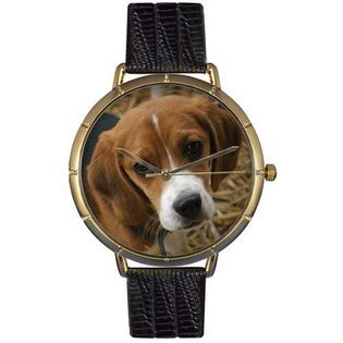 Whimsical Watches Beagle Black Leather And Goldtone Photo Watch #