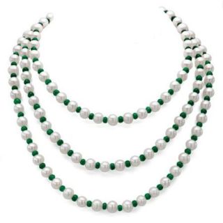 DaVonna White FW Pearl and Green Emeralds 50 inch Endless Necklace (7 7.5 mm)