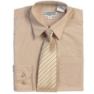 Khaki Tan Button Up Dress Shirt Pinstriped Tie Set Boys 12