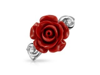 Bling Jewelry 925 Silver Red Resin Rose CZ Modern Ring Rhodium Plated