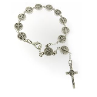 Handcrafted Pewter Saint Benedict Protector Medal Rosary Bracelet