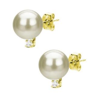 DaVonna 14k Gold White Akoya Pearl and 1/10ct TDW Diamond Stud Earring (8 9 mm)