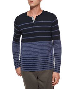 Vince Striped Colorblock Knit Henley Tee, Navy