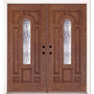 Feather River Doors 74 in. x 81.625 in. Medina Zinc Center Arch Lite Stained Medium Oak Fiberglass Double Prehung Front Door 332491 400