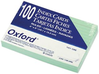 Oxford 7421 GRE Ruled Index Cards, 4 x 6, Green, 100/Pack
