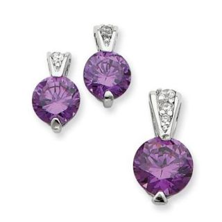 Sterling Silver Purple Color CZ Earrings and Pendant Set (0.5IN x 0.3IN )
