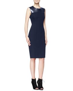 Burberry London Fitted Dress with Leather Yoke, Navy